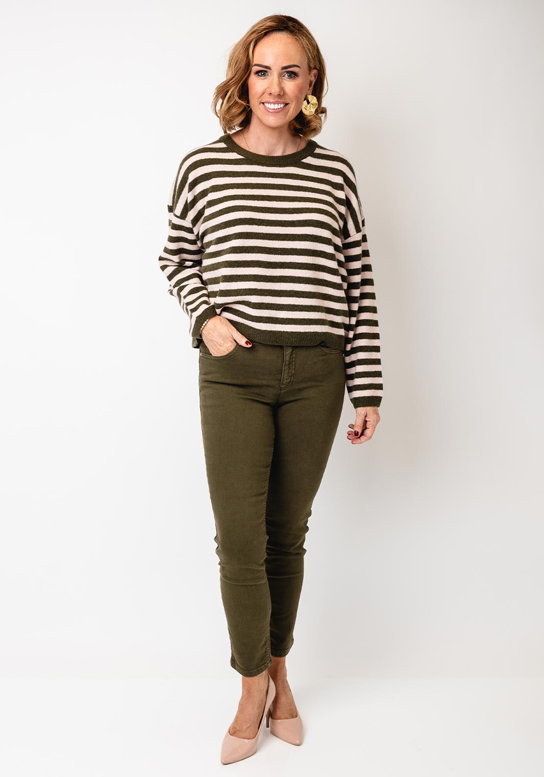 Oui Striped Soft Wool Knit Jumper, Green & Pink