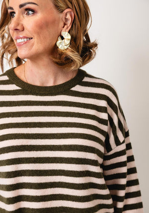 Oui Striped Soft Wool Knit Jumper, Green & Pink