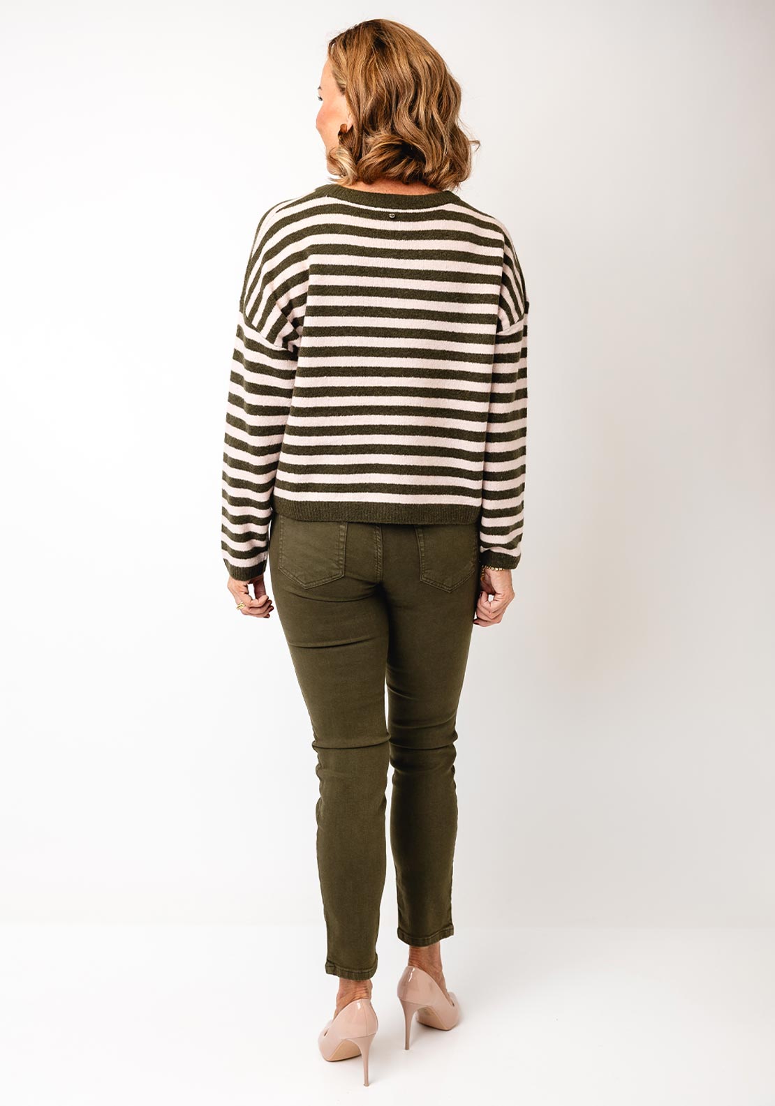 Oui Striped Soft Wool Knit Jumper, Green & Pink