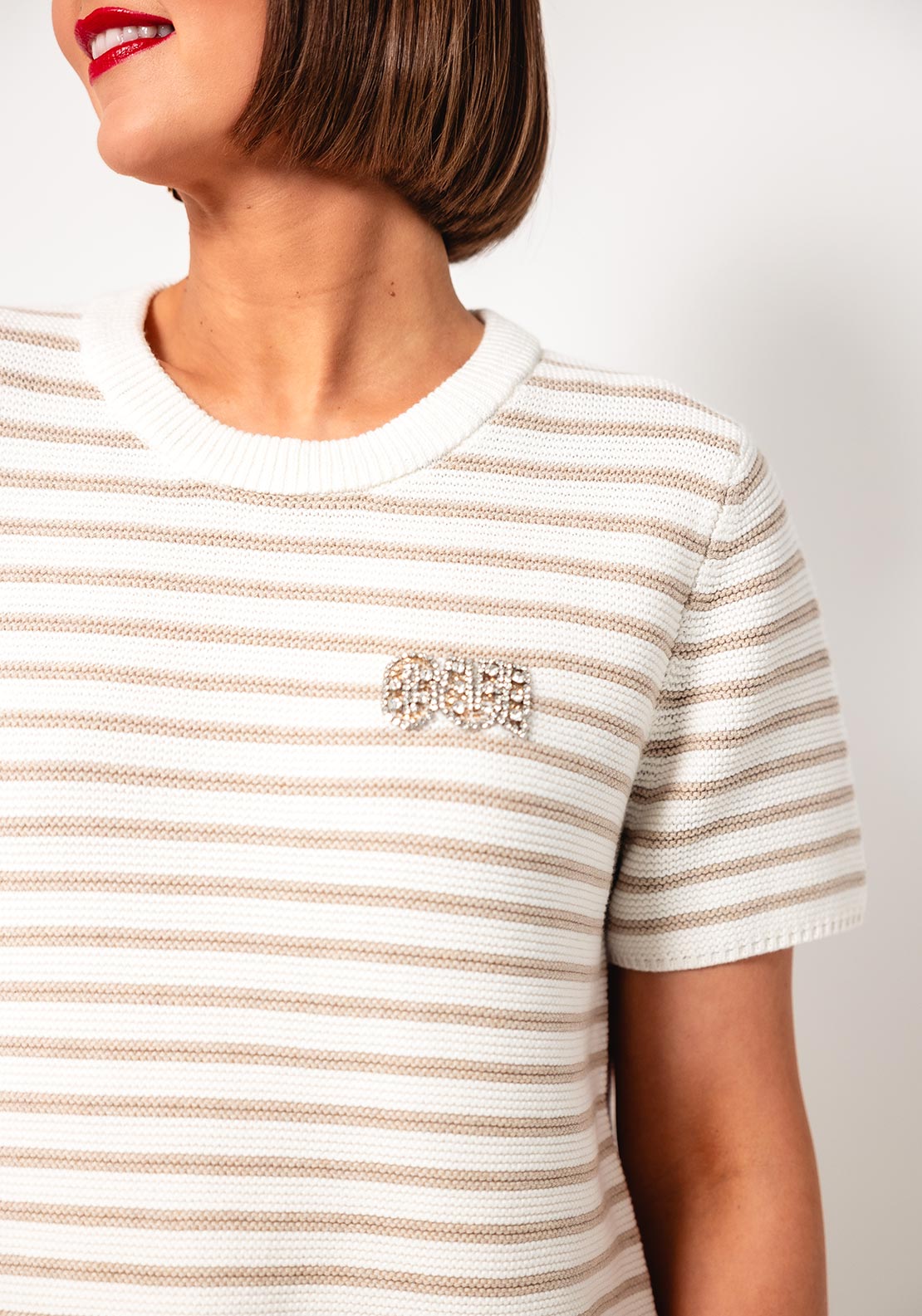Oui Embellished Striped Short Sleeve Jumper, Beige