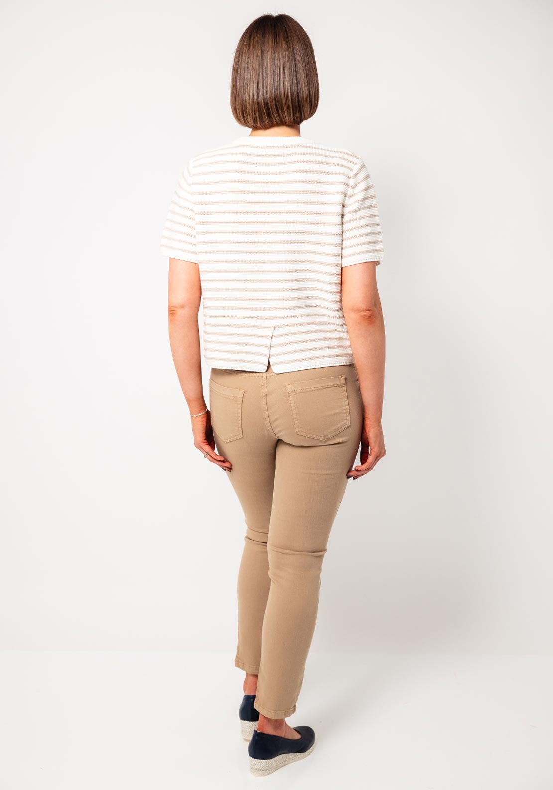 Oui Embellished Striped Short Sleeve Jumper, Beige