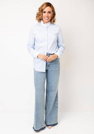 Oui Striped Ruffle Neck Shirt, Blue