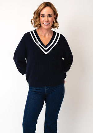 Oui Chunky Knit V-Neck Jumper, Navy