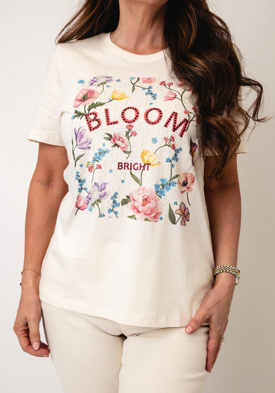 Oui Floral Square T-Shirt, Cream