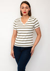 Oui Striped with Button Detail T-Shirt, Green