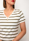 Oui Striped with Button Detail T-Shirt, Green