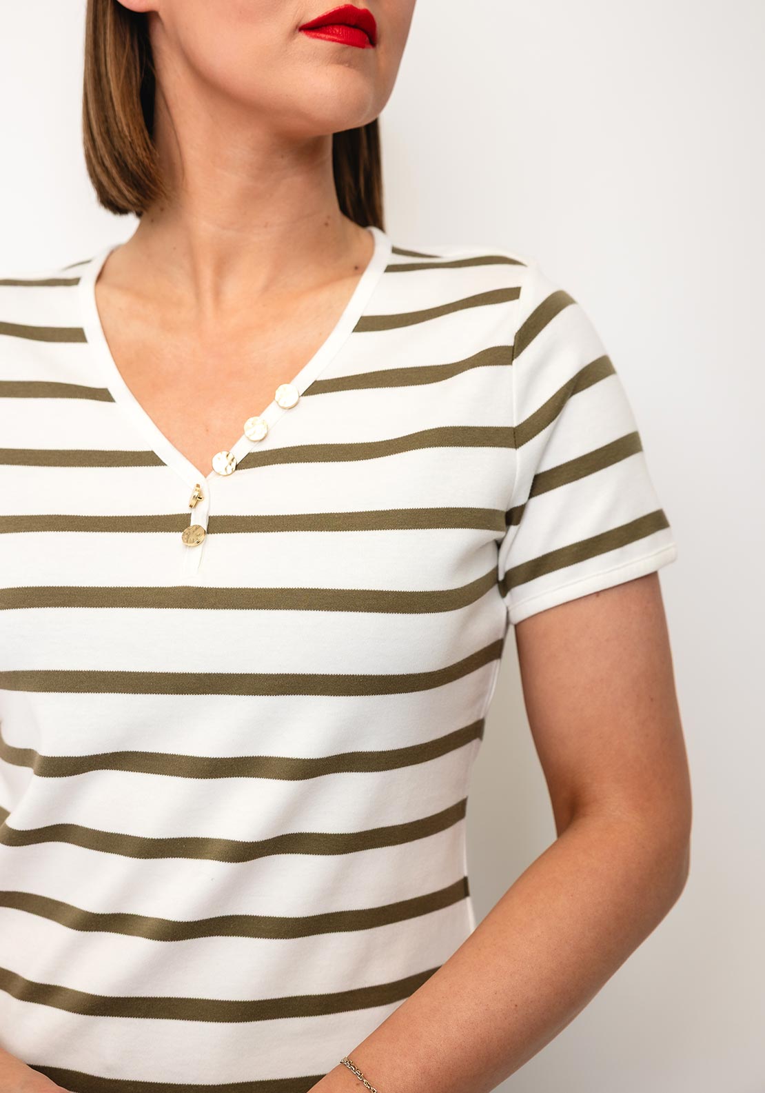Oui Striped with Button Detail T-Shirt, Green