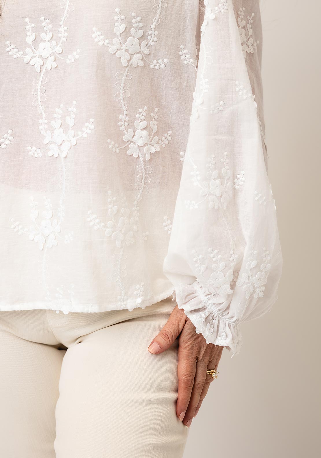 Oui V-Neck Embroidered Floral Print Blouse, White