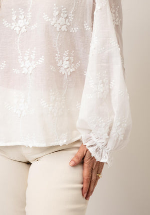 Oui V-Neck Embroidered Floral Print Blouse, White