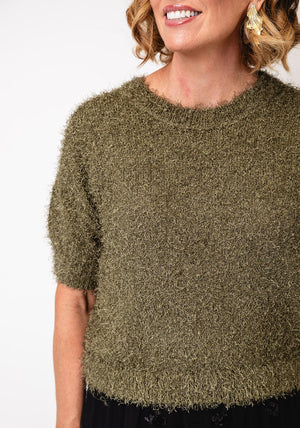 Oui Shaggy Crew Neck Pullover, Green