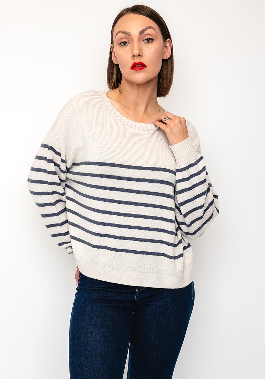 Oui Knitted Striped Jumper, Cream
