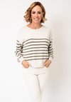 Oui Striped Knit Round Neck Jumper, Beige & Green