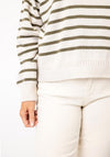 Oui Striped Knit Round Neck Jumper, Beige & Green