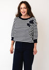 Oui Relaxed Striped with 3D Embroidered Flower Detail Top, Navy and White