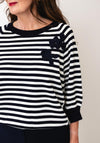 Oui Relaxed Striped with 3D Embroidered Flower Detail Top, Navy and White