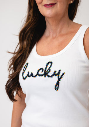 Oui Embroidered with Bead Detail Tank Top, White