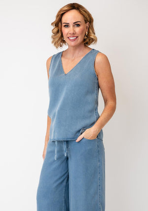 Oui V-Neck Denim Look Vest, Blue