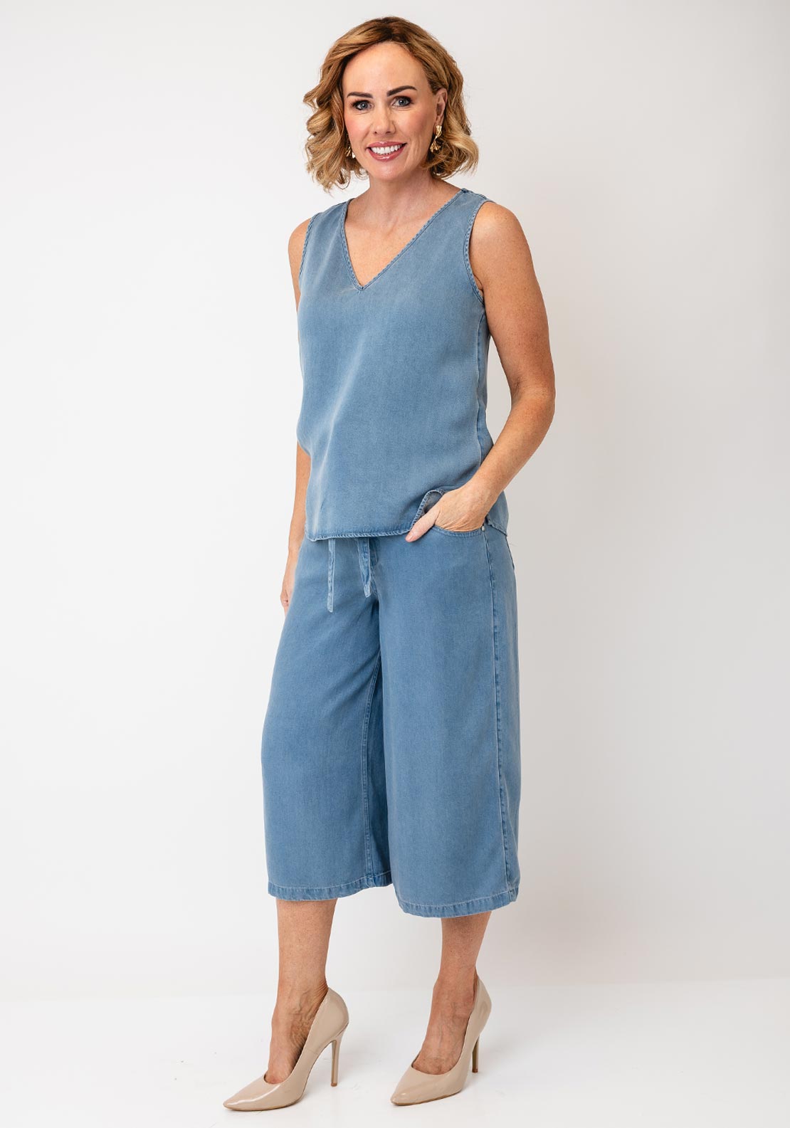 Oui V-Neck Denim Look Vest, Blue