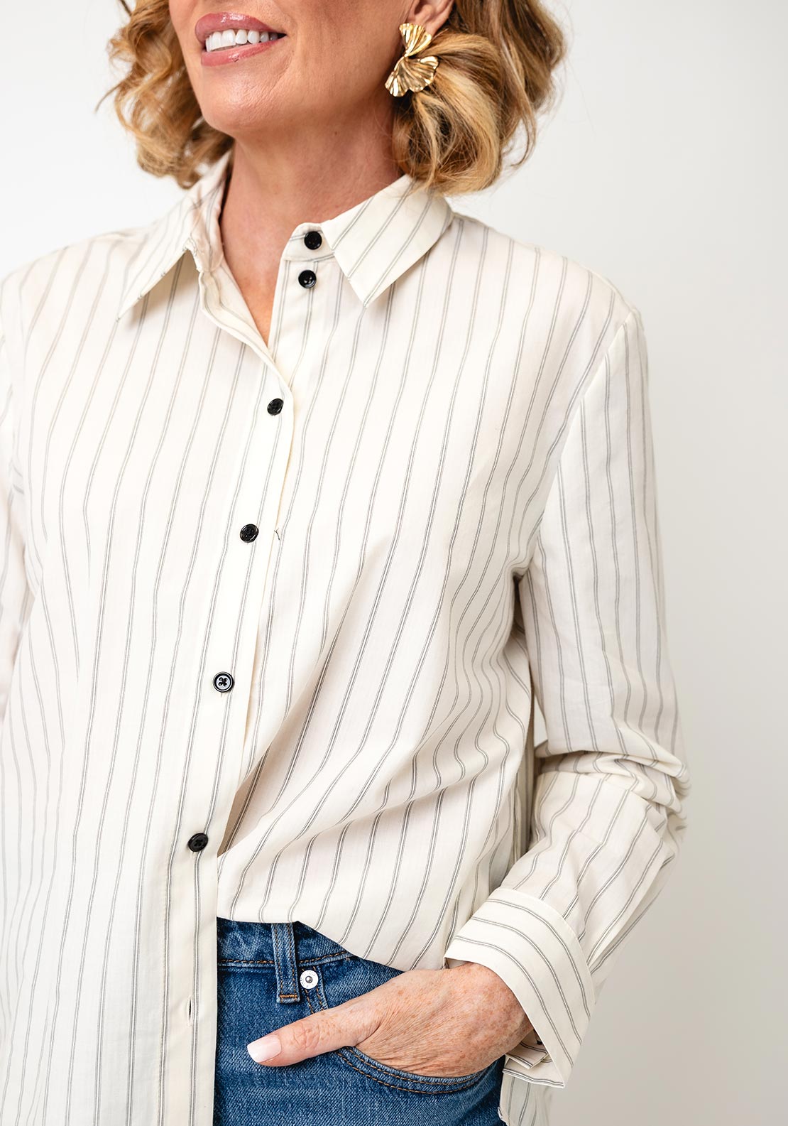 Oui Striped Cotton Shirt, Cream