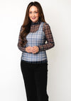 Oui Checked Mesh Long Sleeve Top, Blue Multi