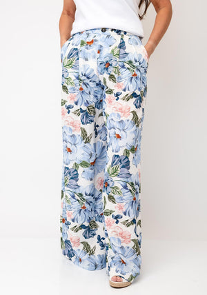 Oui Floral Printed Linen Blend Trousers, Blue Multi