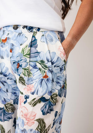 Oui Floral Printed Linen Blend Trousers, Blue Multi
