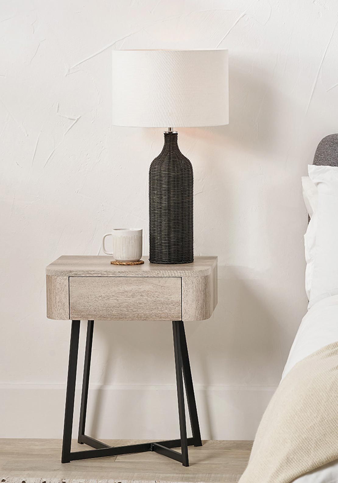 Pacific Ukiah Oak Veneer Bedside Table, Grey and Black
