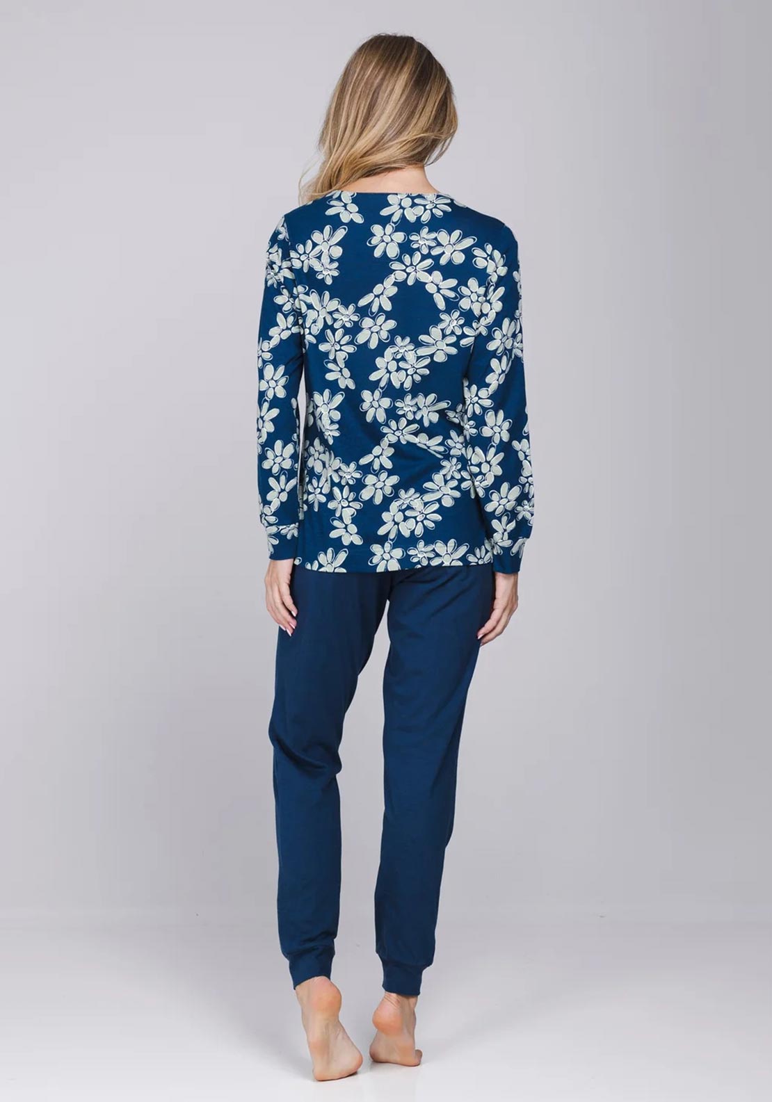 Pastunette Bloom Floral Long Sleeve Pyjama Set, Navy