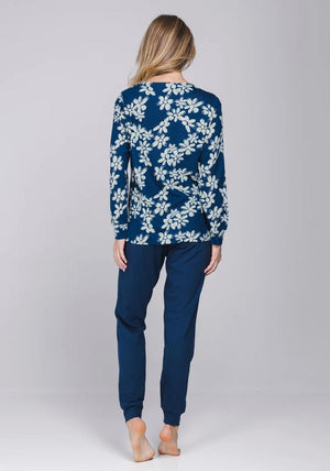 Pastunette Bloom Floral Long Sleeve Pyjama Set, Navy