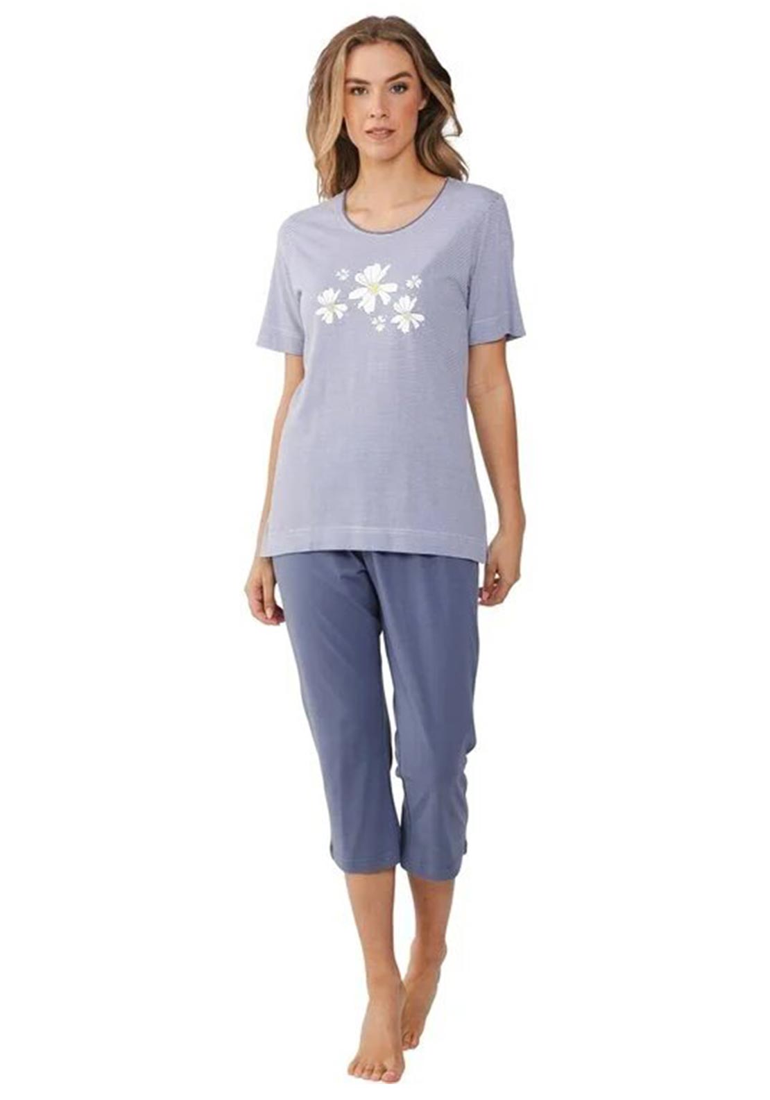 Pastunette Floral Stripe Pyjama Set, Grey