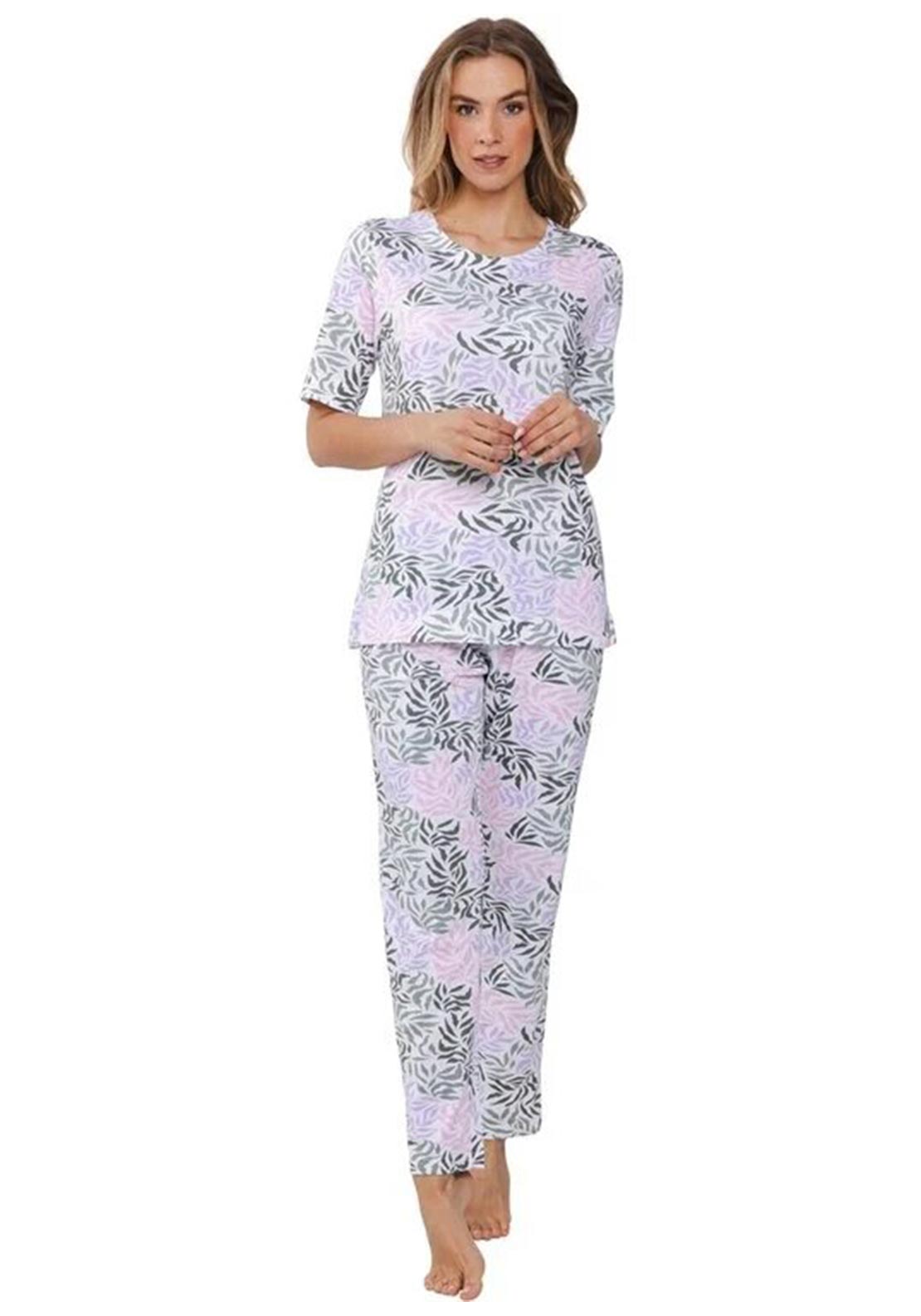 Pastunette Summer Leaf Short Sleeve Pyjama Set, Pink