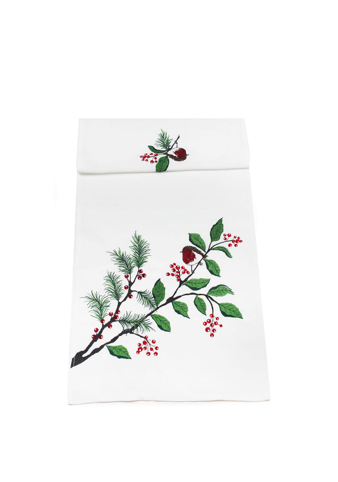 Peggy Wilkins Robin Hedgerow Table Runner 14”x75”, White
