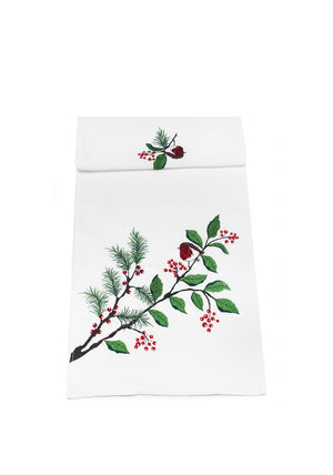 Peggy Wilkins Robin Hedgerow Table Runner 14”x75”, White