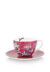 Pip Studio Flower Festival Cappuccino Cup & Saucer, Dark Pink