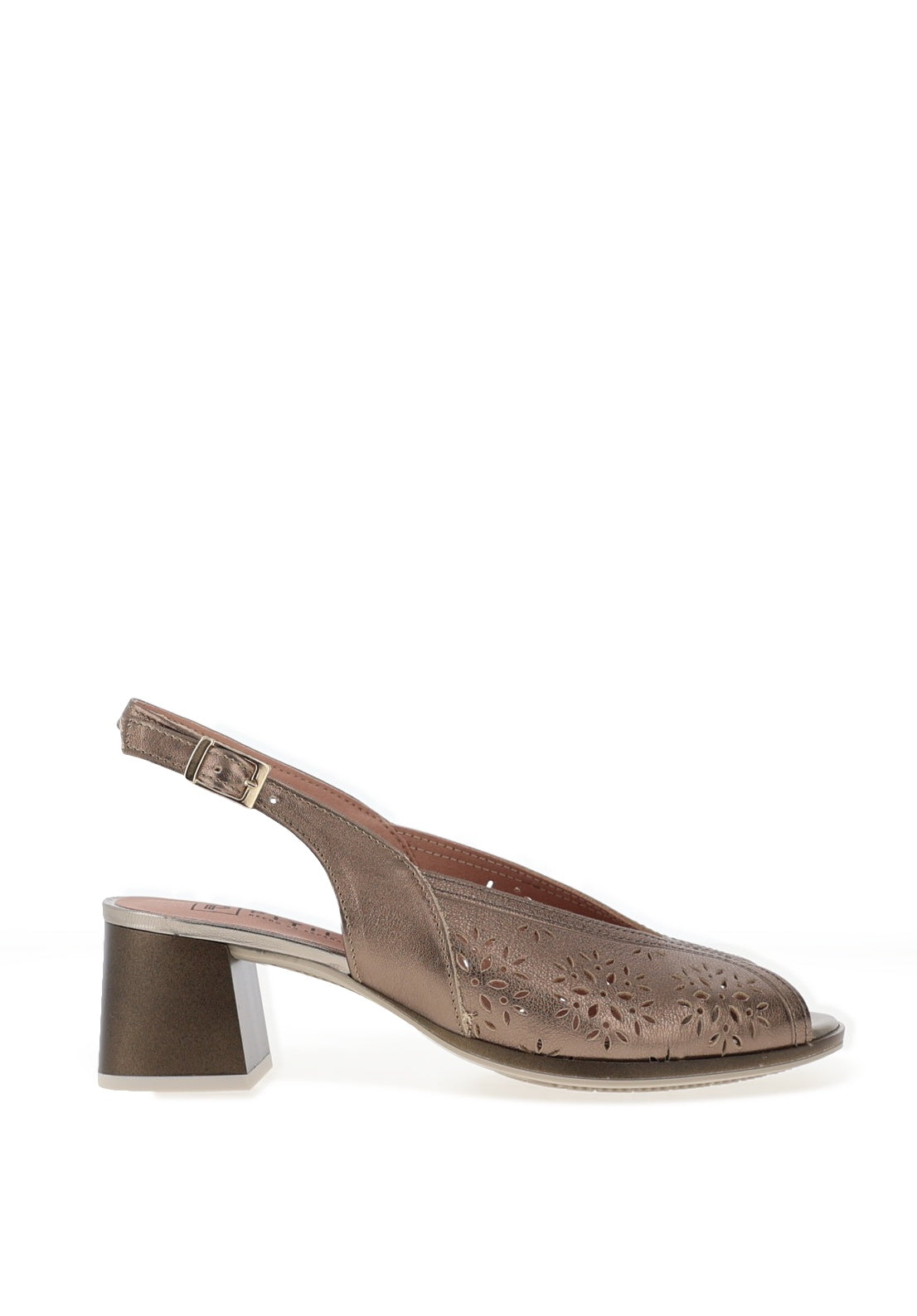 Pitillos Sling Back Perforated Floral Mid Heeled Shoes, Bronze