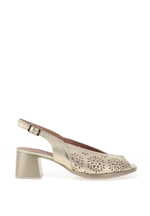 Pitillos Sling Back Perforated Floral Mid Heeled Shoes, Gold