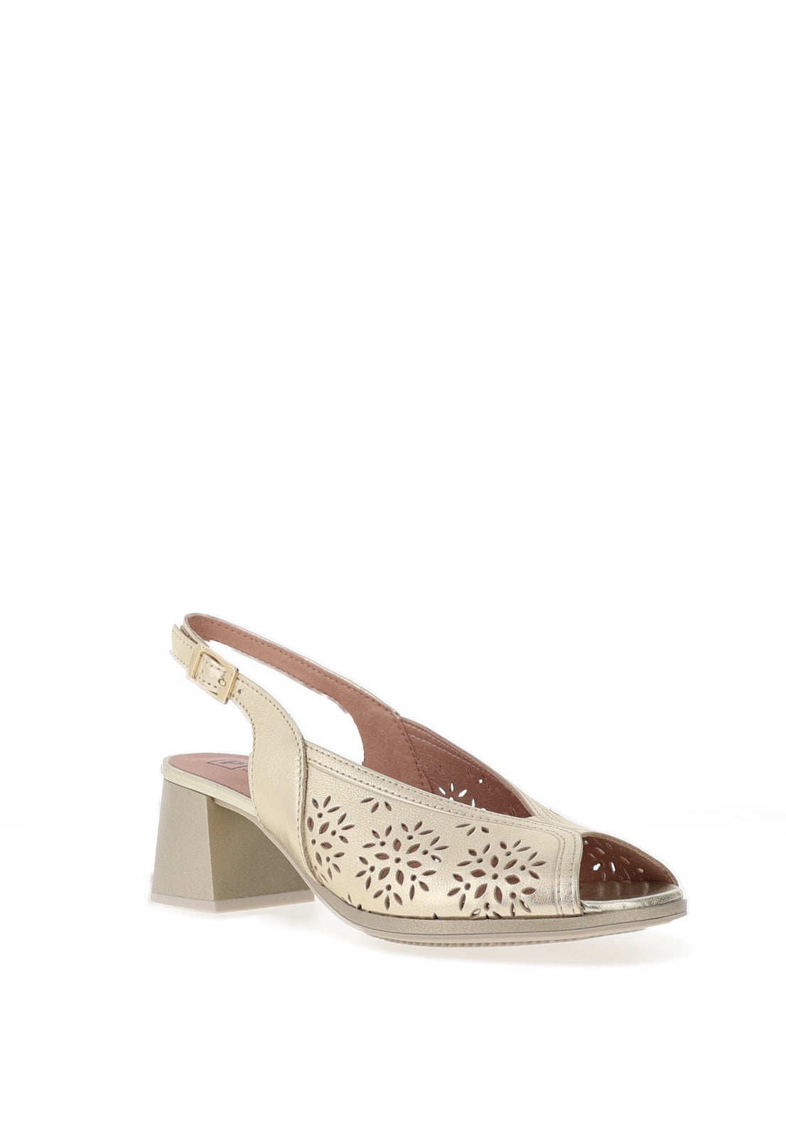 Pitillos Sling Back Perforated Floral Mid Heeled Shoes, Gold