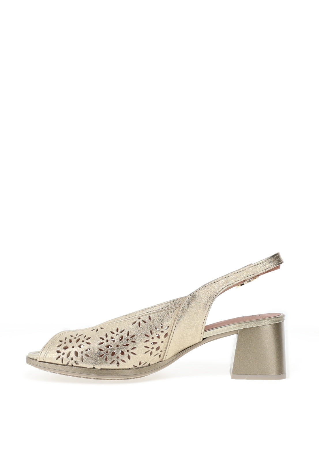 Pitillos Sling Back Perforated Floral Mid Heeled Shoes, Gold