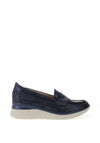 Pitillos Leather Perforated Low Wedge Loafers, Navy