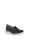 Pitillos Leather Perforated Low Wedge Loafers, Navy