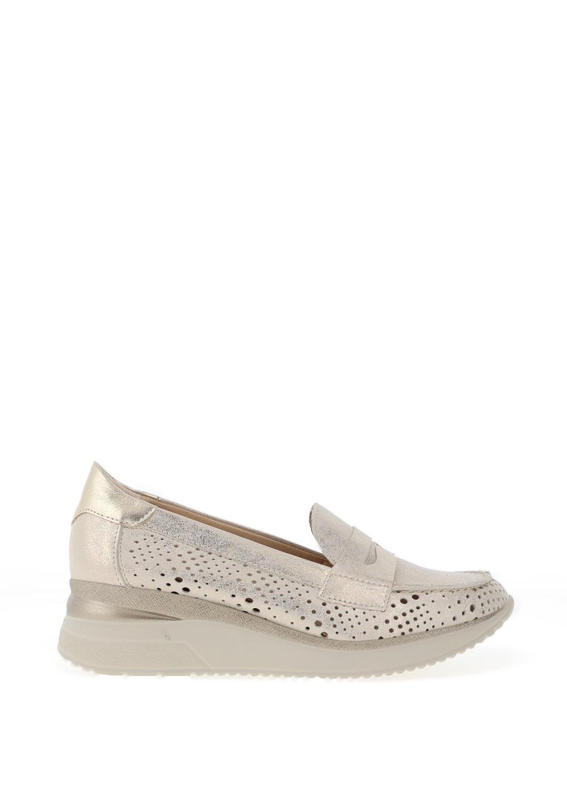 Pitillos Leather Perforated Low Wedge Loafers, Gold
