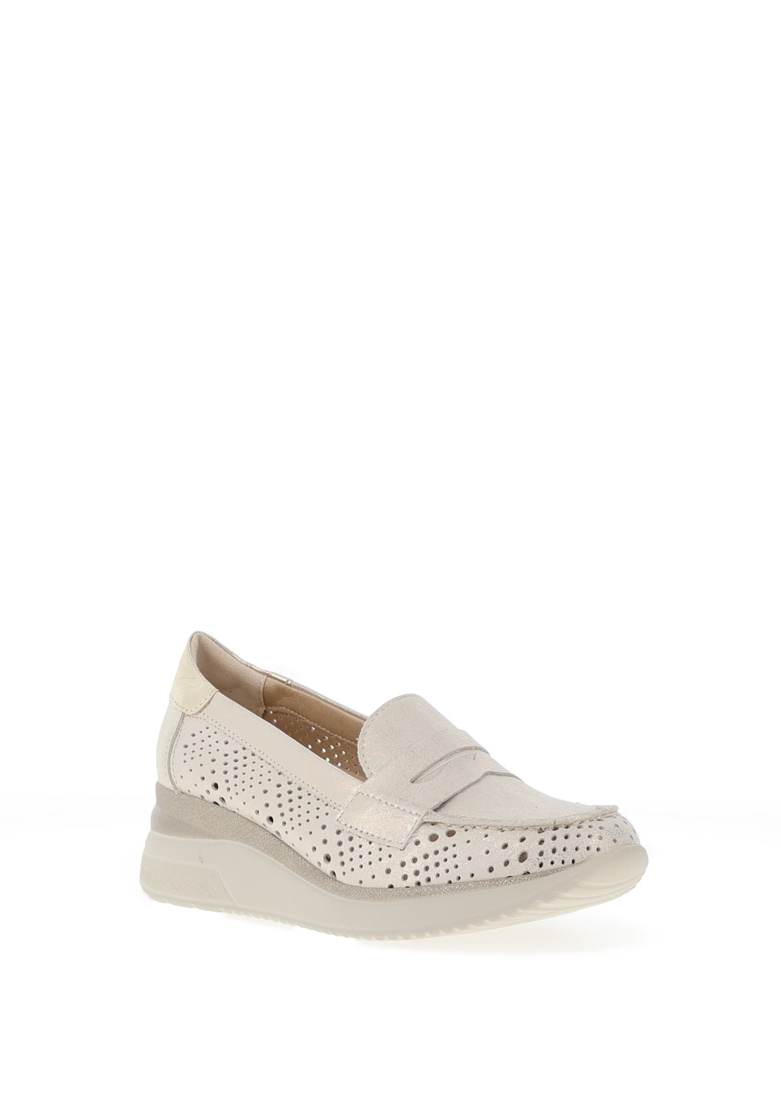 Pitillos Leather Perforated Low Wedge Loafers, Gold