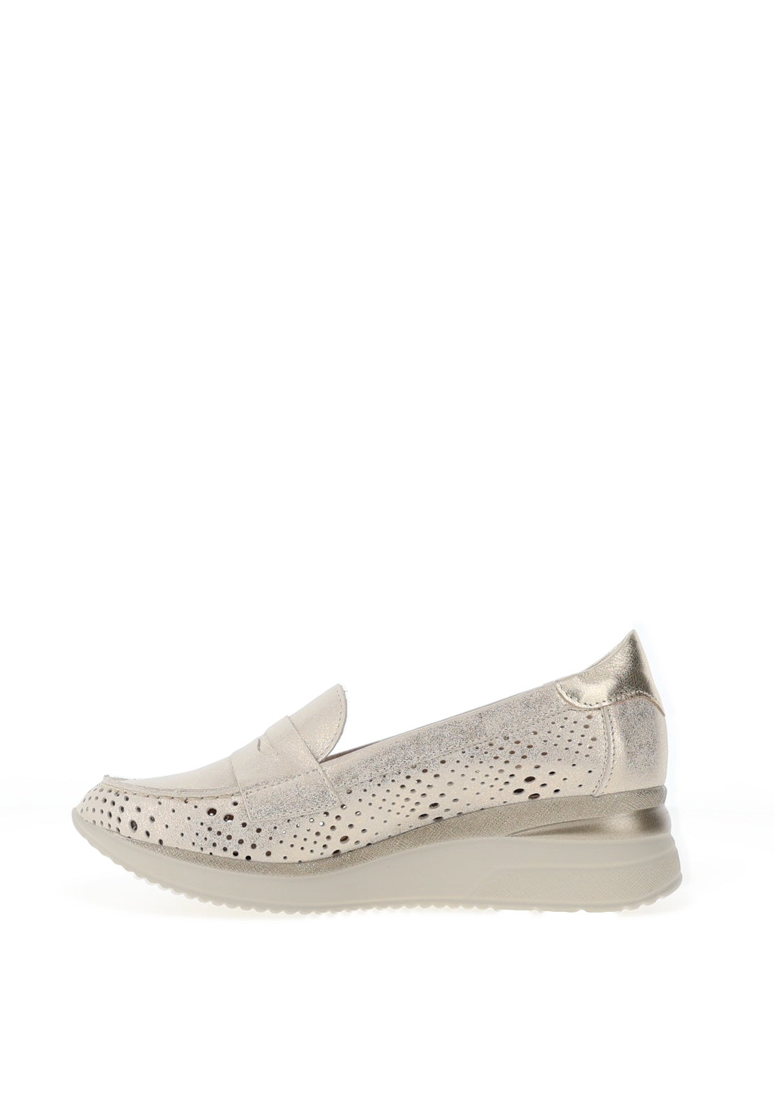 Pitillos Leather Perforated Low Wedge Loafers, Gold