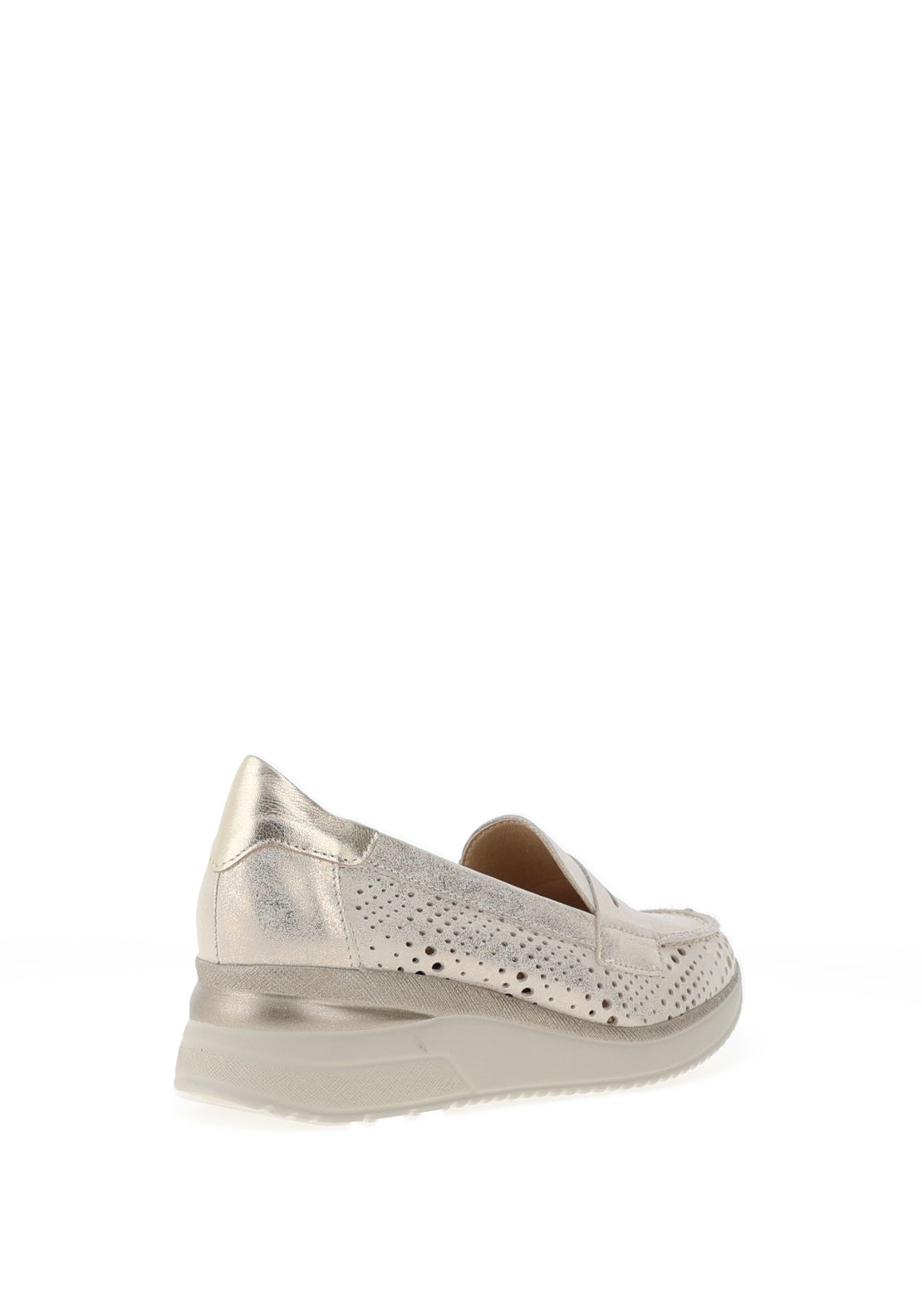 Pitillos Leather Perforated Low Wedge Loafers, Gold