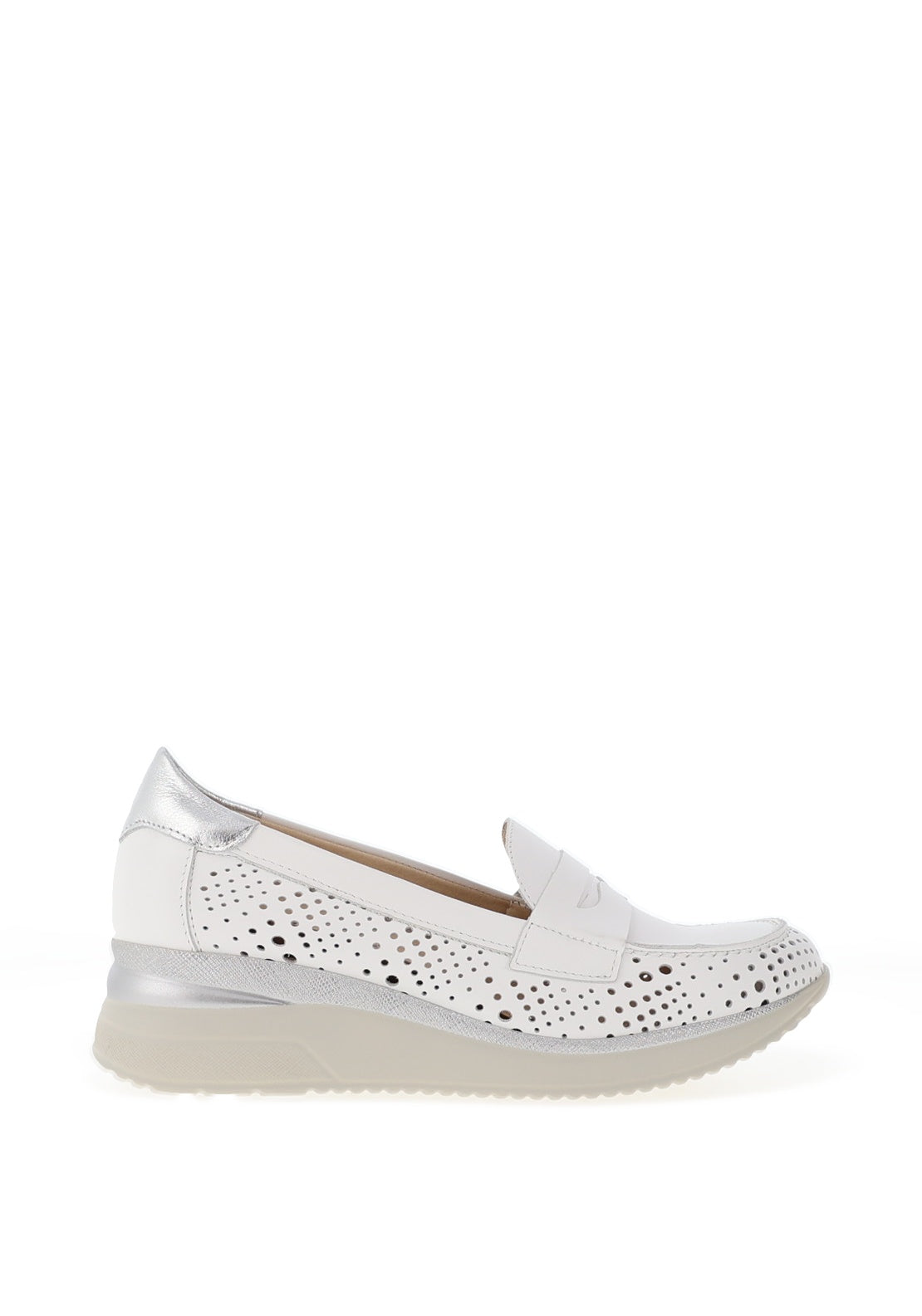 Pitillos Leather Perforated Shimmer Low Wedge Loafers, White