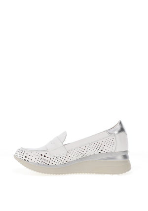 Pitillos Leather Perforated Shimmer Low Wedge Loafers, White