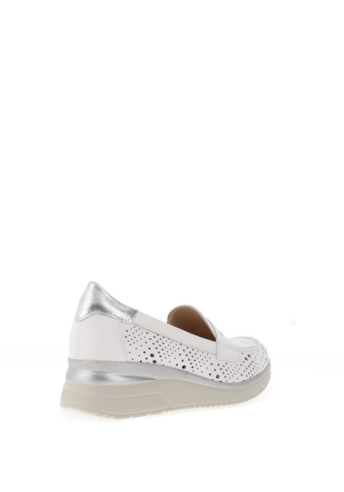 Pitillos Leather Perforated Shimmer Low Wedge Loafers, White
