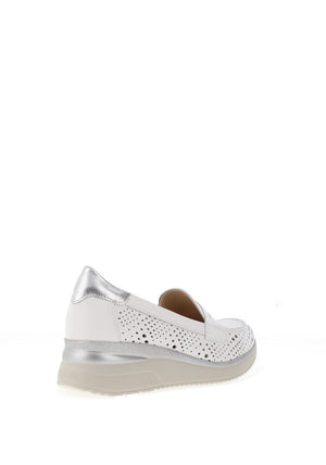 Pitillos Leather Perforated Shimmer Low Wedge Loafers, White