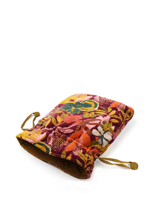 Pom Velvet Botanical Drawstring Pouch, Burgundy