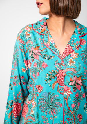 POM Botanical Print Luxury Pyjama Set, Turquoise